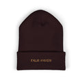 Embroidered 'K4LM H4VEN' Cuffed Beanie - Soft Brown Knit Winter Hat