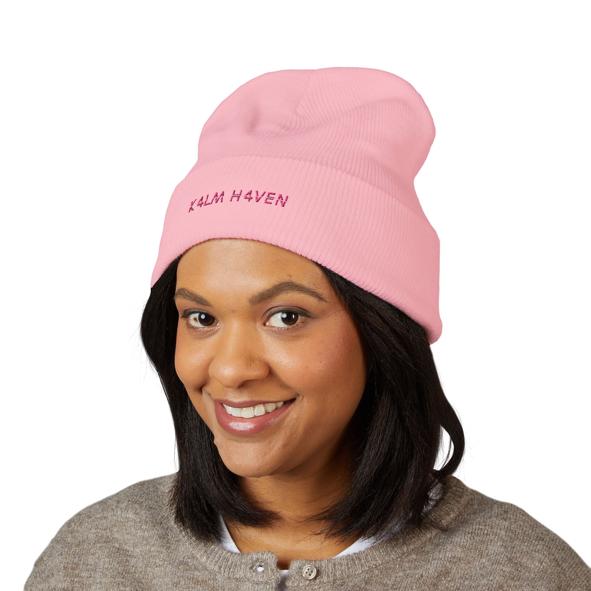 Embroidered 'K4LM H4VEN' Cuffed Beanie - Soft Pink Knit Winter Hat