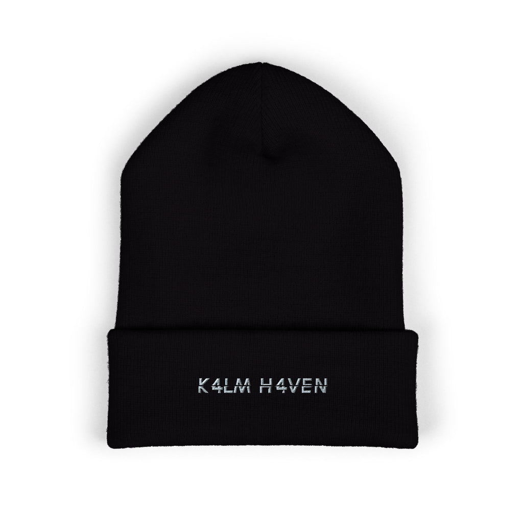 Embroidered 'K4LM H4VEN' Cuffed Beanie - Soft Black Knit Winter Hat