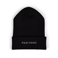 Embroidered 'K4LM H4VEN' Cuffed Beanie - Soft Black Knit Winter Hat