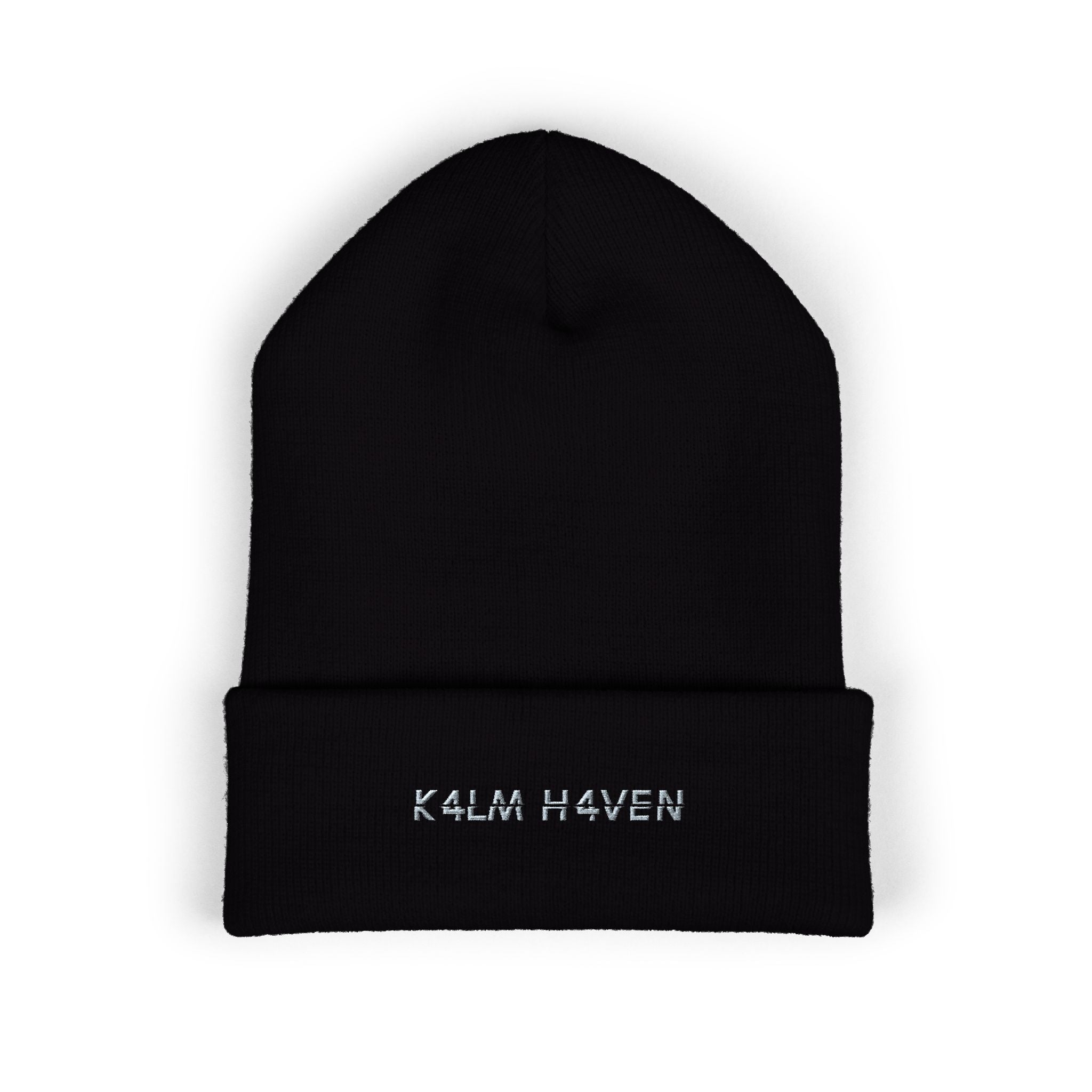 Embroidered 'K4LM H4VEN' Cuffed Beanie - Soft Black Knit Winter Hat