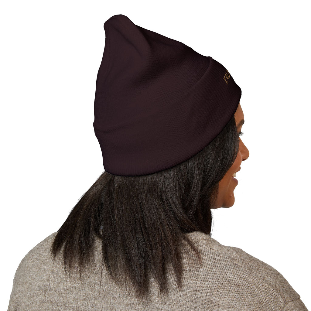 Embroidered 'K4LM H4VEN' Cuffed Beanie - Soft Brown Knit Winter Hat