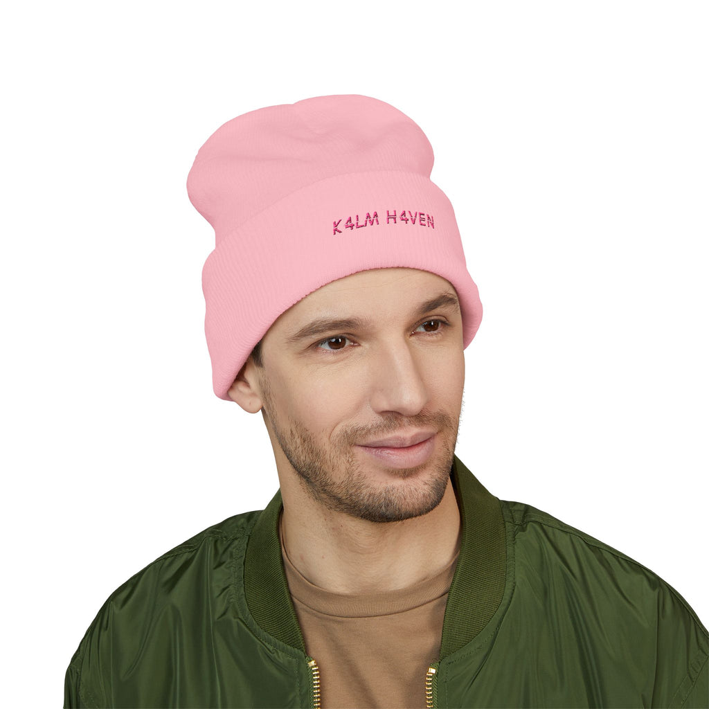 Embroidered 'K4LM H4VEN' Cuffed Beanie - Soft Pink Knit Winter Hat