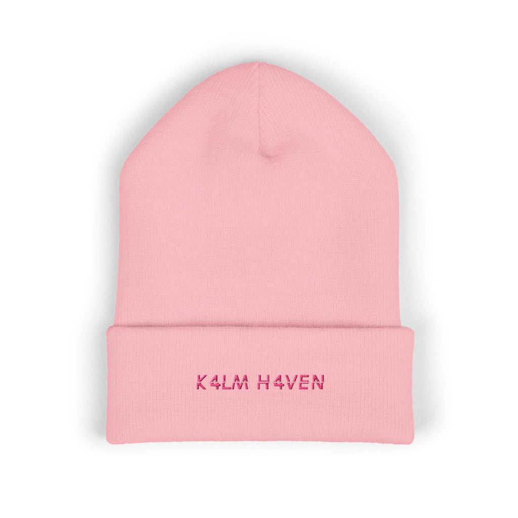 Embroidered 'K4LM H4VEN' Cuffed Beanie - Soft Pink Knit Winter Hat