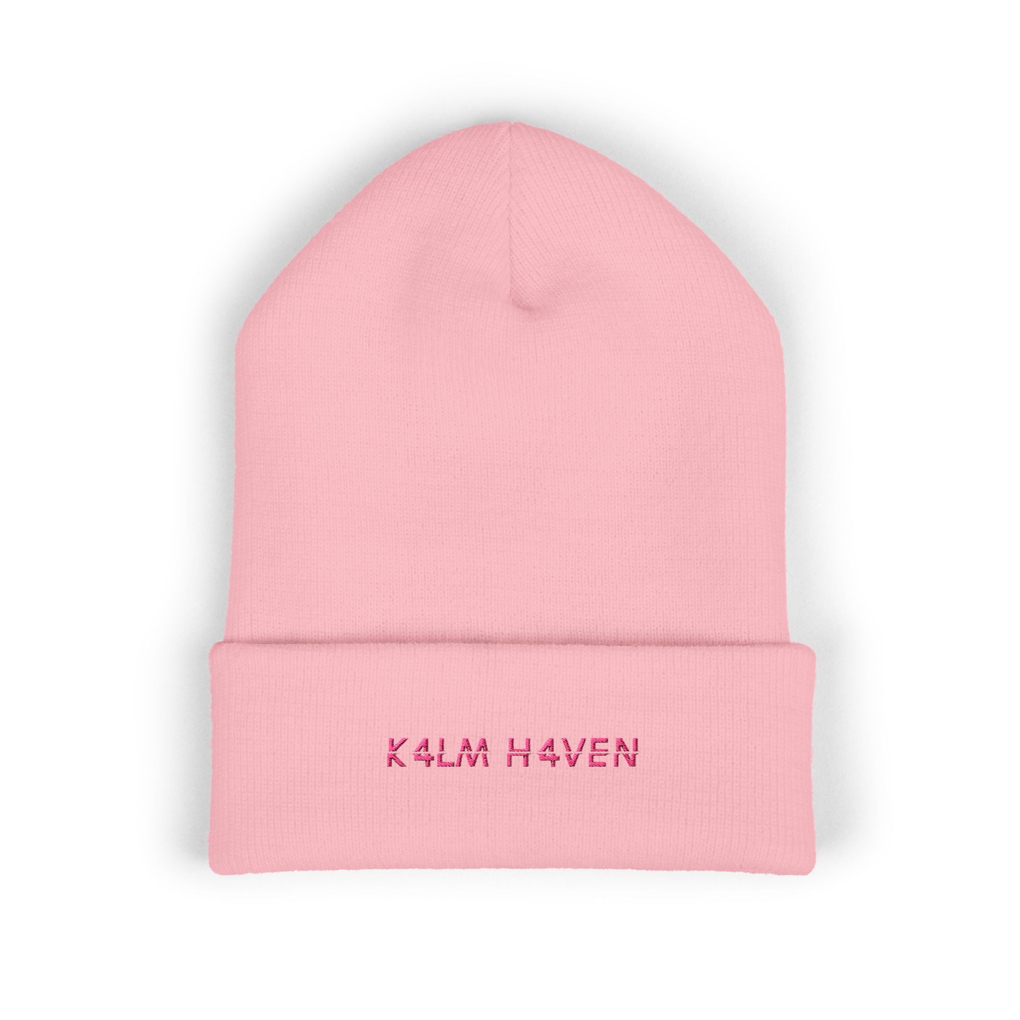 Embroidered 'K4LM H4VEN' Cuffed Beanie - Soft Pink Knit Winter Hat